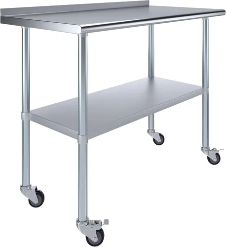 Vista 13 de AmGood Mesa de trabajo de acero inoxidable con protector contra salpicaduras de 1.5 pulgadas y ruedas NSF Mesa de preparación de alimentos
