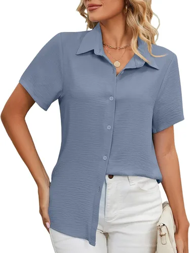 Vista 2 de Blusa de manga corta con cremallera para mujer, cuello en V, camiseta casual de verano para exteriores, camisetas y blusas para uso diario
