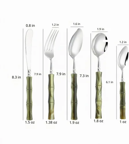 Vista 3 de Juego de cubiertos de 30 piezas para 6, juego de cubiertos de bambú de alta calidad con mango acrílico para el hogar, incluye tenedor, cuchillo