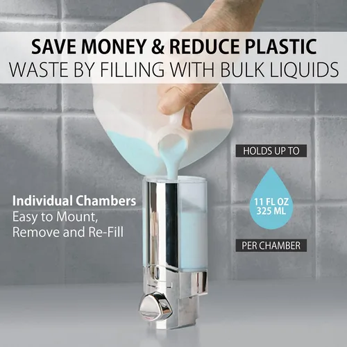 Vista 2 de Better Living Products 76345-1 Aviva, set de tres despachadores cromados. 3 Chamber, Wall Mount Shower Soap Pump Dispenser, Built-in Hooks, No