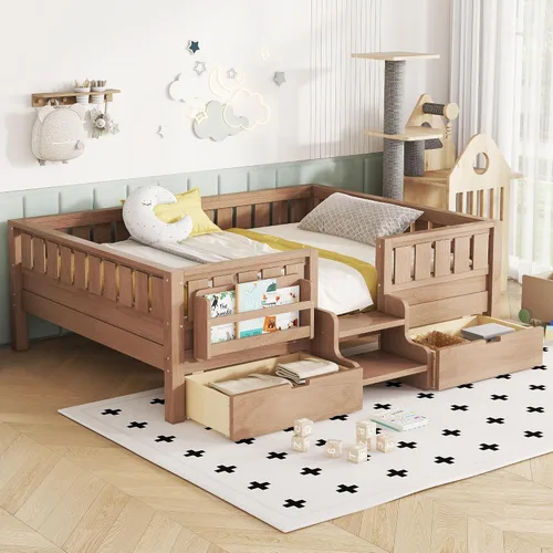 Vista 15 de Bellemave Cama Montessori Twin Kids con escaleras, estantería y cajones, beige Cajón beige