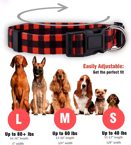 Vista 3 de Native Pup Collar de perro a cuadros, leñador rojo, tartán, azul, rosa, ajustable para perros grandes y pequeños (rojo, mediano)