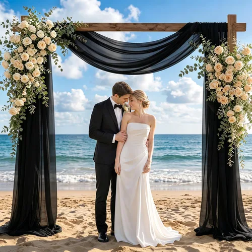 Vista 3 de Tela drapeada para arco de boda de 20 pies, 1 panel de cortinas de boda para arco largo negro, paneles de telón de fondo transparente de tela