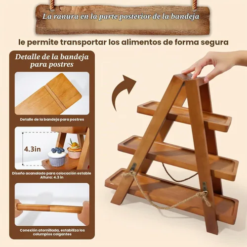 Vista 4 de Tnstbiee Soporte de Cupcake Rústico de 3 Niveles - Soporte de Madera para Pasteles, Postres y Frutas - Bandejas Desmontables y Diseño Plegable