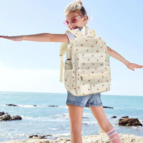 Vista 2 de CAMTOP Mochila de malla para niños y niñas, mochila transparente para preescolar, mochila casual para escuela, playa, viajes, deportes (fresa beige)