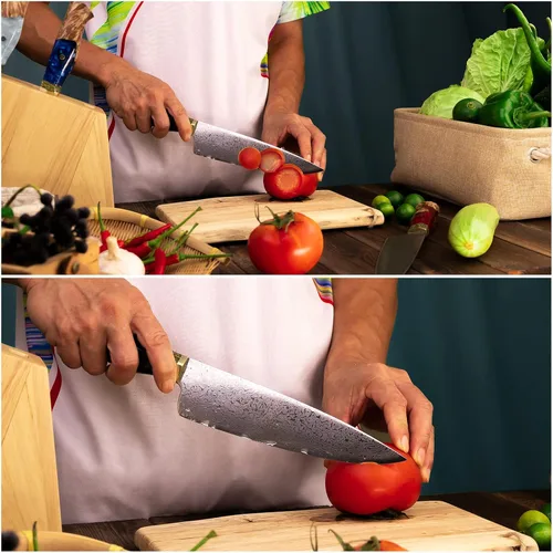 Vista 7 de Cuchillo de chef de 8 pulgadas, cuchillo de cocina profesional para chefs - AUS-10 japonés AUS-10 de 67 capas de acero de damasco - Mango de resina