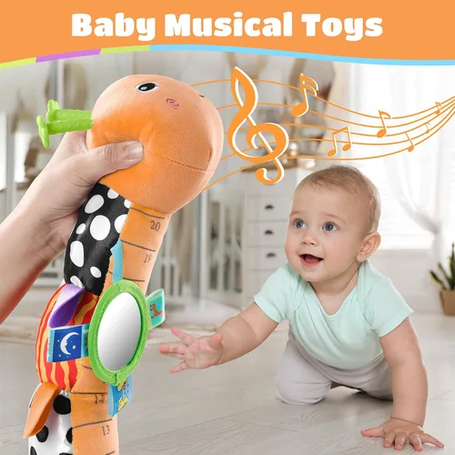 Vista 5 de Awotoy Baby Toys - Juguete musical de oruga interactivo multicolor para bebés, sonajero arrugado, suave con campana de anillo, juguete de peluche