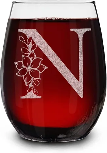 Vista 18 de Copa de vino sin tallo, con monograma floral, grabada con láser, 15 onzas, regalo inicial personalizado para ella (B)