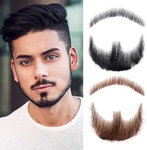 Vista 6 de Fake Mustache Fake Beard Realistic 100% Human Hair for Halloween MenMakeup Negro