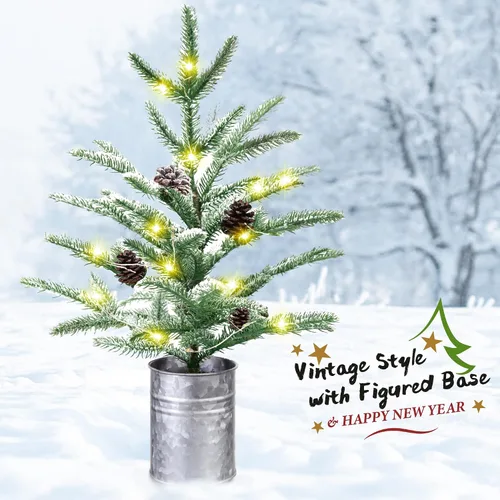 Vista 2 de Árbol de Navidad pequeño de 24 pulgadas, mini árbol de Navidad preiluminado con 60 luces estilo rústico, árbol de mesa de 2 pies Mini Desk