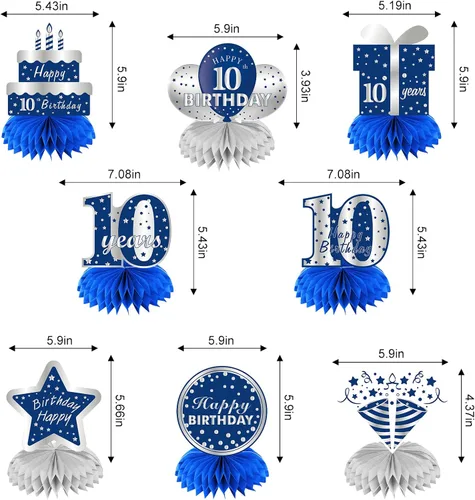 Vista 2 de 8 centros de mesa de panal azul plateado para décimo cumpleaños de niños, suministros de fiesta de cumpleaños para decoración de mesa, decoración