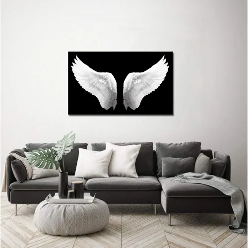 Vista 3 de iKNOW FOTO Lienzo grande en blanco y negro con alas de ángel, arte de pared, pintura contemporánea para sala de estar, obra enmarcada para paredes