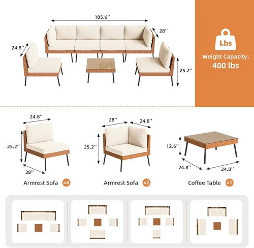 Vista 2 de Aoxun Juego de muebles de patio de 7 piezas con mesa auxiliar, color beige Muebles de mimbre para exteriores con cojines gruesos resistentes al