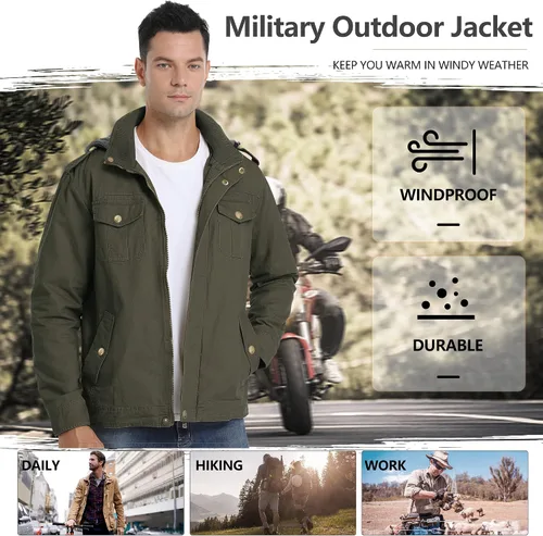Vista 5 de Chaqueta militar para hombre, casual, de algodón, ligera, rompevientos con capucha extraíble