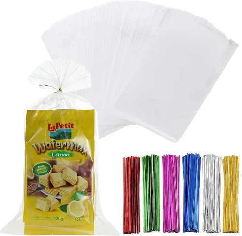 Vista 16 de 200 bolsas de celofán planas de celofán de 4 x 9 pulgadas, transparentes y gruesas, con lazos torcidos de 6 colores, embalaje, galletas, dulces