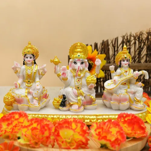 Vista 3 de alikiki Estatua india de Laxmi Ganesh Saraswati – 3.9 pulgadas de alto pequeño aspecto de mármol Lakshmi Ganesha ídolo escultura para tablero