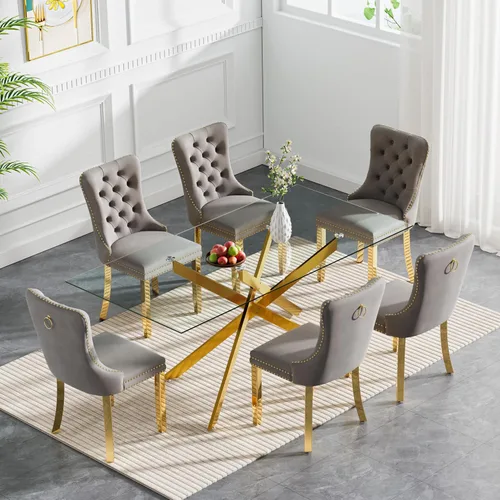 Vista 21 de Juego de 4 mesas de comedor pequeñas de 36 pulgadas, mesa de comedor redonda de vidrio templado y 4 sillas de comedor de terciopelo beige, juego