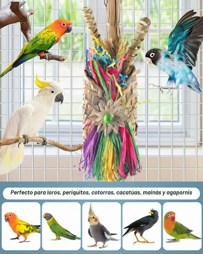 Vista 7 de Bissap Juguetes para masticar pájaros, trituradora de forrajería de loros, bolsa tejida con palmera natural, jaula colgante de juguete con golosinas