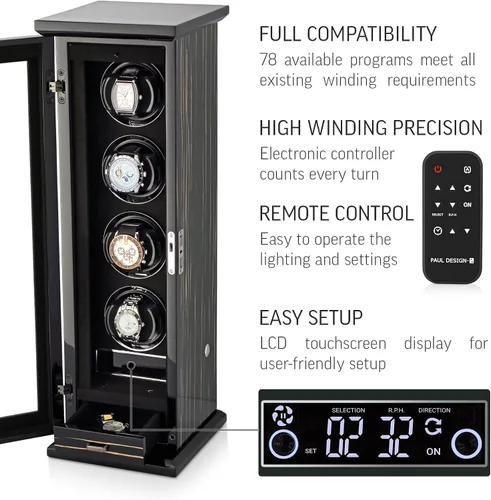 Vista 2 de Classic-4 - Soporte para 4 relojes automáticos con retroiluminación LED, pantalla táctil LCD y compartimento de almacenamiento