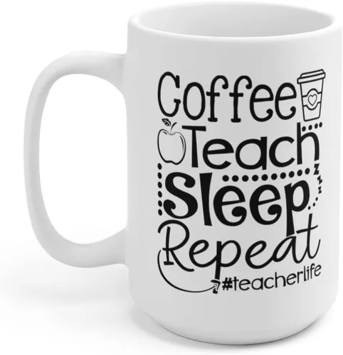 Vista 6 de Teacher Gift, Coffee Teach Sleep Repeat Coffee Mug, Teacher Life, Gift for Teachers, Teacher Appreciation (11 oz All White)