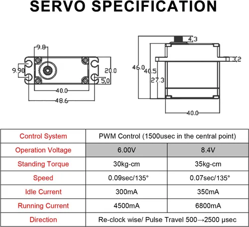 Vista 5 de FLASH HOBBY Servo sin núcleo de 77.2 lbs de alto par de torsión servo de engranaje de metal completo, IP67 resistente al agua servo RC con ángulo