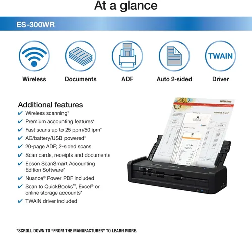 Vista 3 de Epson ES-300WR Inalámbrico Color Portátil Duplex Documento Escáner Contabilidad Edición para PC y Mac Auto Doc Feeder (ADF)