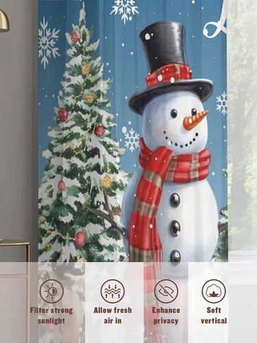 Vista 6 de Juego de 2 paneles de cortinas traslúcidas de Navidad de 63 pulgadas de largo, muñeco de nieve azul para dormitorio, sala de estar, bolsillo