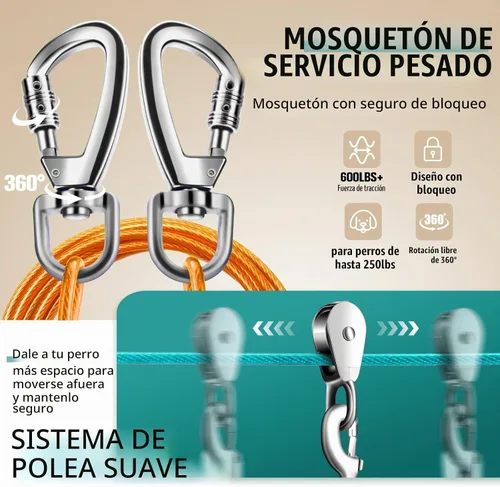 Vista 7 de Sistema de Trolley Profesional para Perros Corredores, Línea de Zip Resistente y Ajustable de 30 pies para Perros con Amarres de 10 y 15 pies