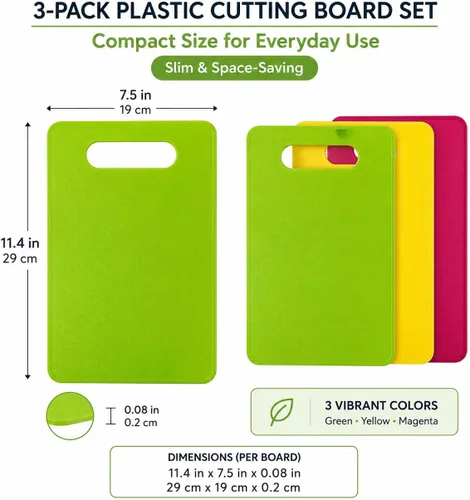 Vista 2 de Juego de 3 tablas de cortar de plástico pequeñas, tablas de cortar frutas compactas con mango de fácil agarre, tablas de cortar flexibles de 3P