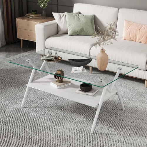 Vista 10 de Mesa auxiliar rectangular contemporánea de cristal con patas de metal cruzadas en ángulo para sala de estar, elegante mesa auxiliar de vidrio