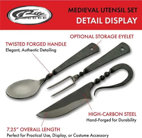 Vista 2 de SZCO Supplies - Juego de cubiertos medievales forjados a mano de 7.25 pulgadas, tenedor de acero al carbono, cuchillo, cuchara con bolsa de cuero