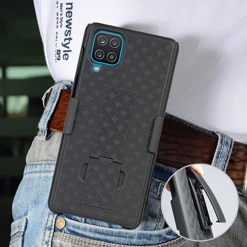 Vista 7 de Para Samsung Galaxy A12, con carcasa combinada de vidrio templado y funda delgada con soporte incorporado + clip giratorio para cinturón para Galaxy