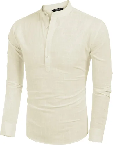 Vista 2 de COOFANDY - Camisa de lino y algodón con cuello Henley, de manga larga, estilo hippie, informal, camisetas de playa