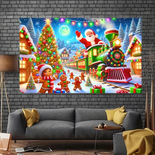 Vista 3 de BlissYard Telón de fondo de tren de Papá Noel, 71 x 43 pulgadas, pancarta de escena de Navidad de pan de jengibre, fondo de fotos para fiestas