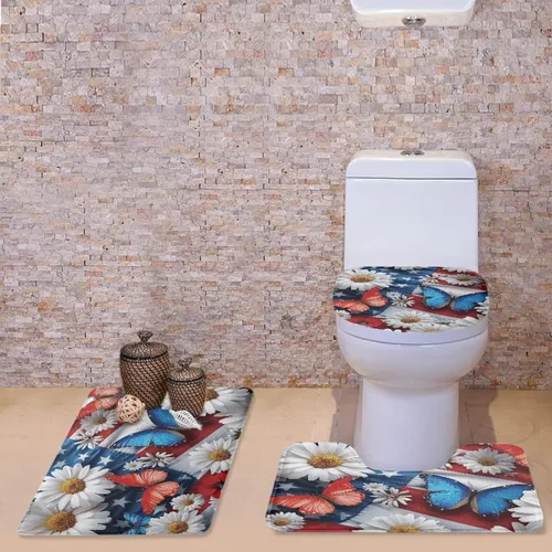 Vista 2 de HUGS IDEA Alfombra de baño, alfombra de baño, alfombra de baño, diseño de bandera estadounidense, mariposa, floral, juego de tapetes de baño