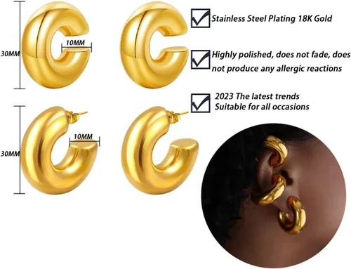 Vista 2 de PINCHUAN Juego de aretes gruesos de oro y aros chapados en oro de 18 quilates, hipoalergénicos, para mujer, sin perforaciones, aretes de oro gruesos