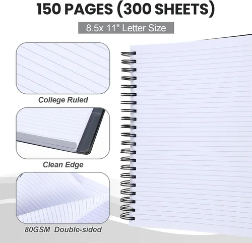 Vista 5 de Yeaqee 2 Pack 3 Subject Notebook College Ruled 8.5 x 11, 300 Pages (150 Sheets) 3 Subject Black Spiral Notebook with Tabs, Pocket Dividers Multi