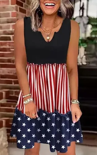 Vista 4 de CHUNTIANRAN Mini vestido con volantes y rayas verticales de la bandera americana, vestido patriótico del 4 de julio, vestido casual sin mangas