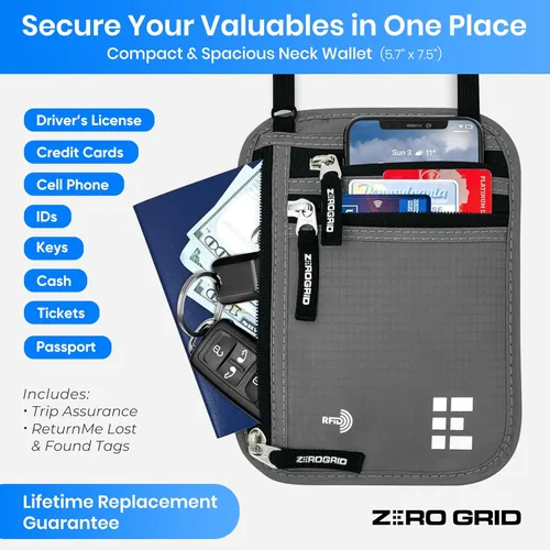 Vista 29 de Cartera para el cuello para viajes y pasaporte con bloqueo RFID, delgada y fácil de ocultar, bolsa de viaje de nailon para hombres y mujeres