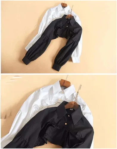 Vista 4 de Media camisa de manga larga, recortada, blusa de cuello falso desmontable para mujer Negro-a