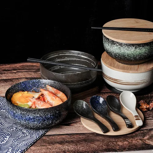 Vista 8 de Tazones grandes de cerámica para ramen de 38 onzas, 2 juegos (8 piezas), cuencos de ramen japonés, tazón de sopa, cuencos de fideos con cucharas