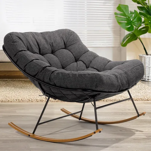 Vista 13 de Bme Mecedora de patio para exteriores e interiores, mecedora de metal con cojín grueso, cómoda y moderna silla mecedora para sala de estar, porche