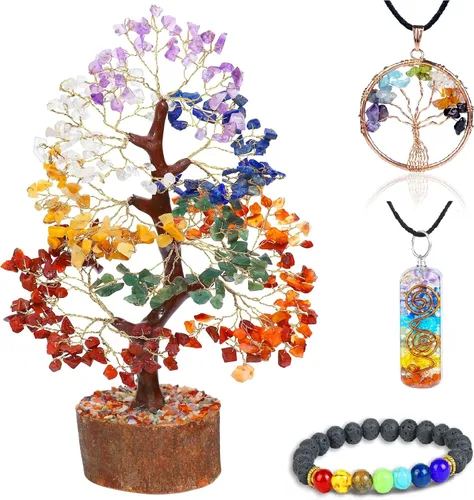 Vista 8 de Árbol de la vida de los siete chakras con cristales con pulsera y 2 colgantes – Decoración de bonsái Feng Shui con cristales curativos, regalos