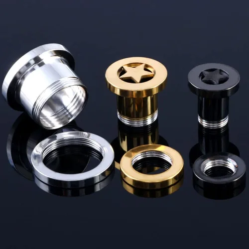 Vista 4 de Par de túneles estrella con tapones de acero inoxidable, tornillos, expansor de oreja, dilatador, medidores de perforación con O-Ring, moda punk