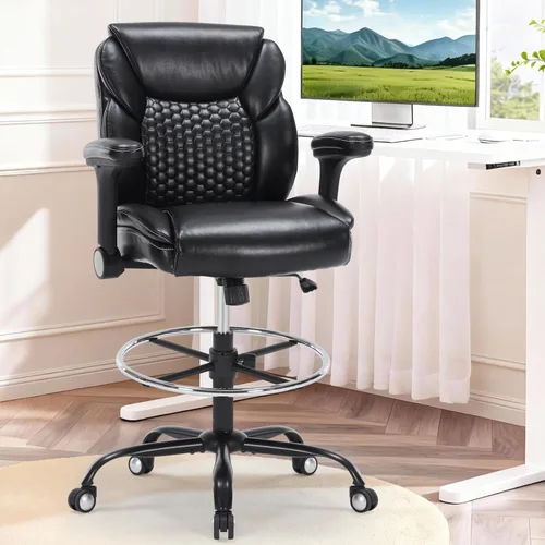Vista 2 de Silla de dibujo, silla de oficina alta con reposabrazos ajustables, silla de escritorio de pie con anillo para reposapiés, silla de escritorio