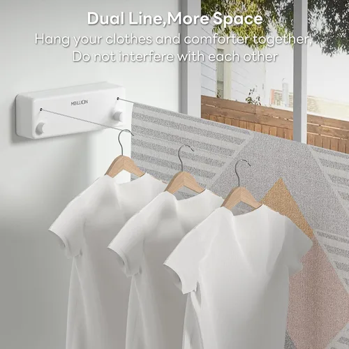 Vista 4 de Mbillion Tendedero retráctil de acero inoxidable de 13.8 pies, línea de ropa doble retráctil para interiores, resistente, línea de lavandería