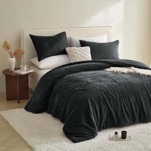 Vista 7 de Petrichor Juego de edredón esponjoso tamaño individual, edredón grueso de franela negra ultrasuave para cama Queen, juego de ropa de cama cálido