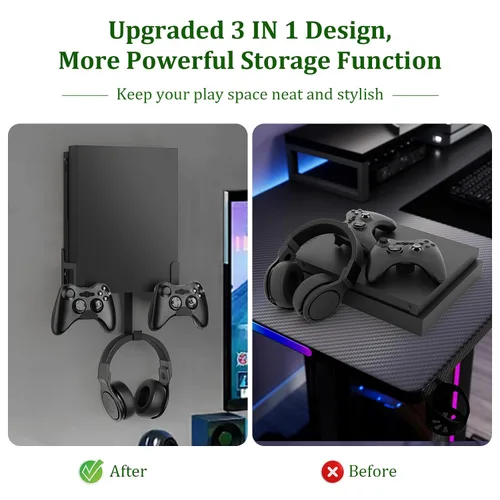 Vista 3 de Wall Mount Kit with Detachable 2 Controller Holder & Headphone Hanger, Metal Wall Mount Holder Compatible with Xbox One X, Black