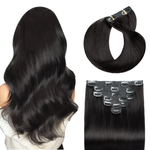 Vista 28 de Extensiones de cabello humano con clip de 14 pulgadas, 4.33 oz, 7 piezas, 16 clips, color marrón chocolate, doble trama, extensiones de cabello Remy