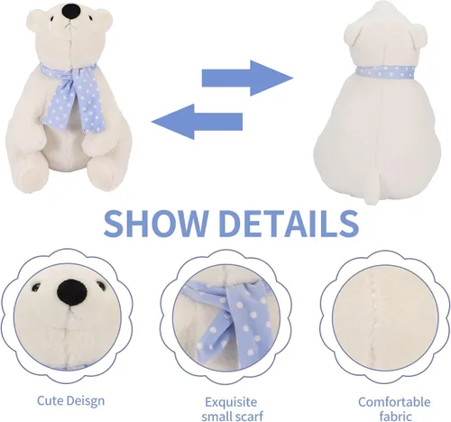 Vista 5 de Oso polar de peluche, 9.8 pulgadas, realista, súper suave, lindo oso polar con bufanda, lindo juguete de peluche Kawaii para niños, niños, familia